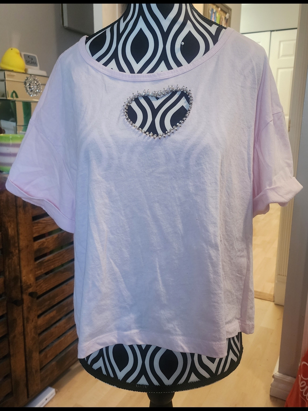 Women’s Light Pink Short Sleeve Top with Heart Cutout and Embellishments